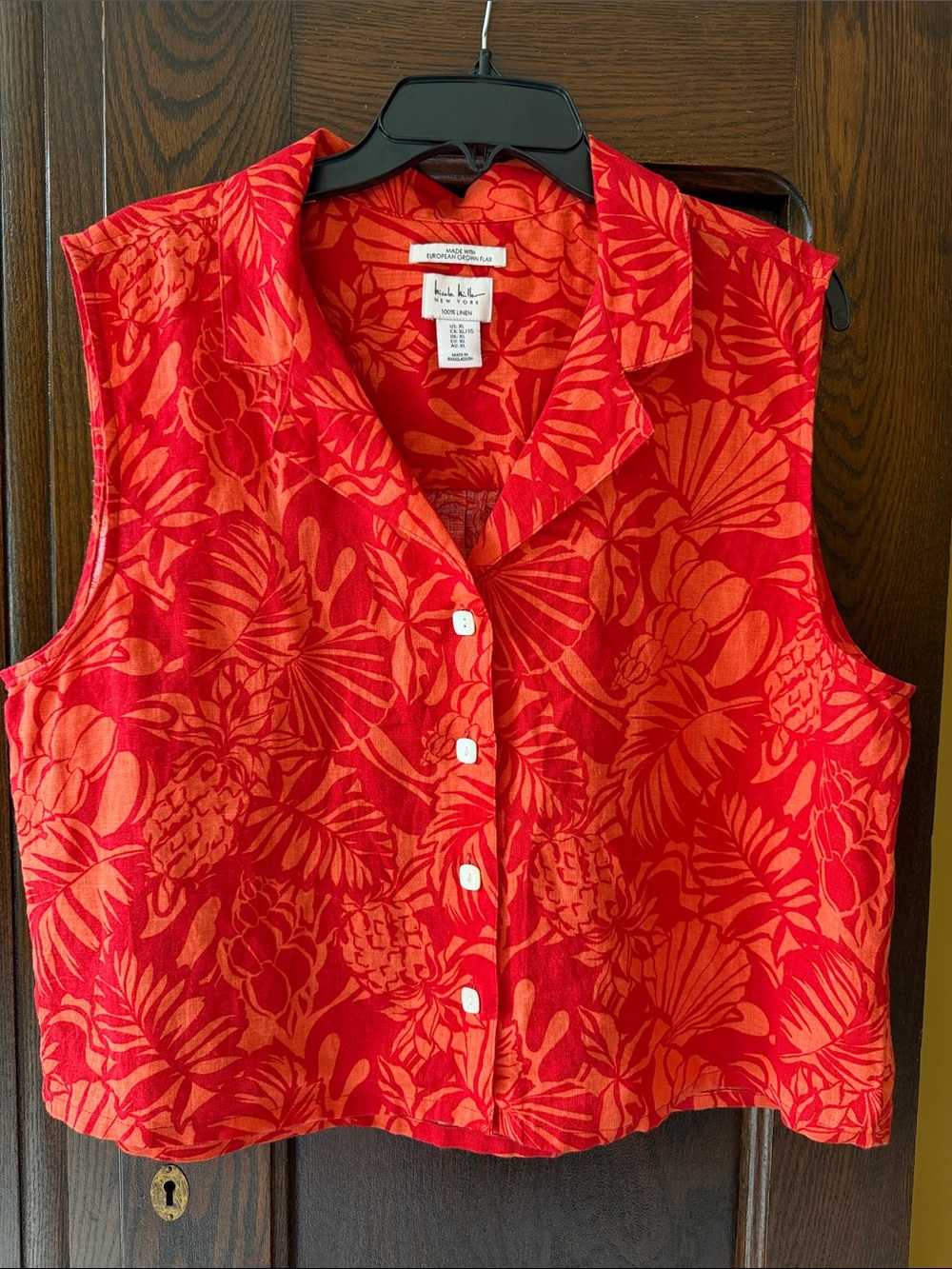 Nicole Miller Red Orange 100% Linen Tropical Button-Down Sleeveless Shirt
